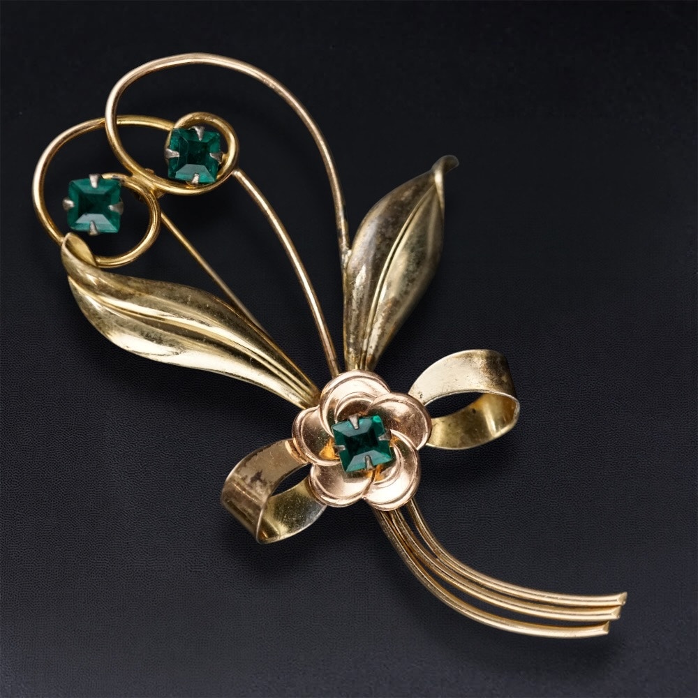 Harry Iskin Hi Floral Spray Brooch Pin Vintage 12k Gold Filled Green Rhinestone